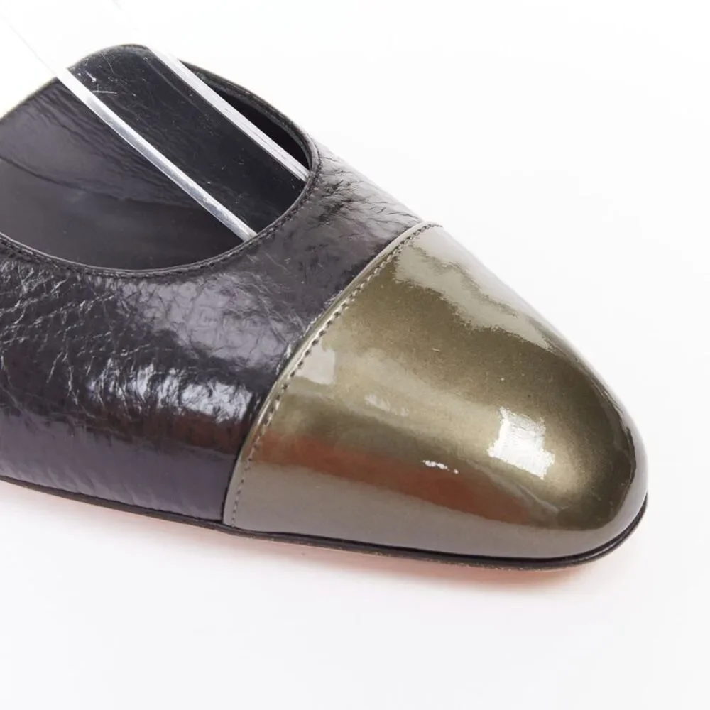 Chanel two tone gunmetal cap toe black leather flats